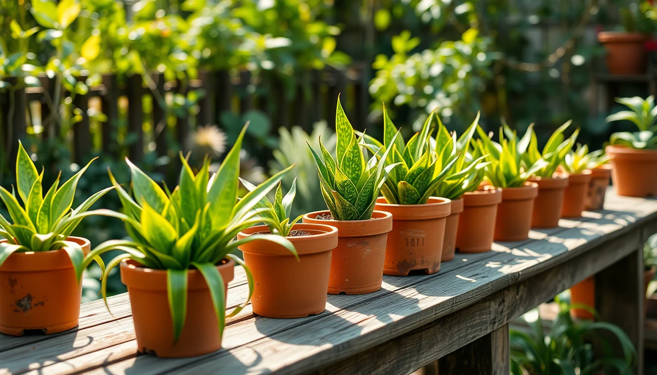 A real photo of a healthy snake plant in a terracotta pot sitting on a bright windowsill, with gritty soil visible at the surface