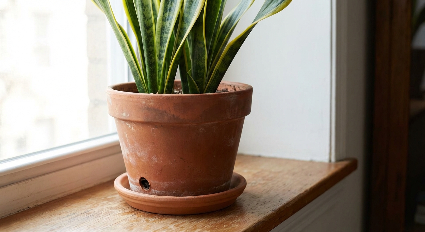 A real photo of a healthy snake plant potted in a terracotta pot with visible drainage hole at the bottom edge, sitting on a plant saucer indoors, natural light, photorealistic