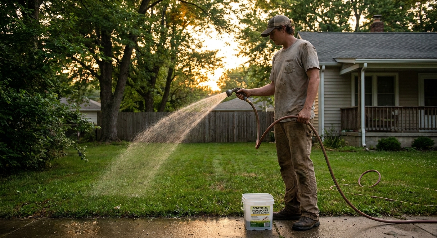 A real photo of a homeowner watering a lawn in the evening with a hose after applying beneficial nematodes, suburban yard setting