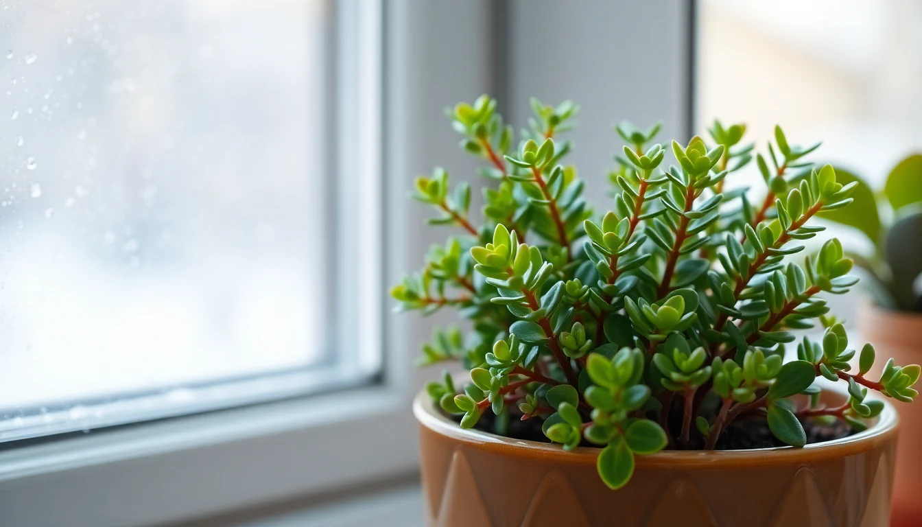 A real photo of a jade plant sitting on a windowsill at night in winter with visible condensation on the window and a few leaves dropped on the sill, moody indoor light