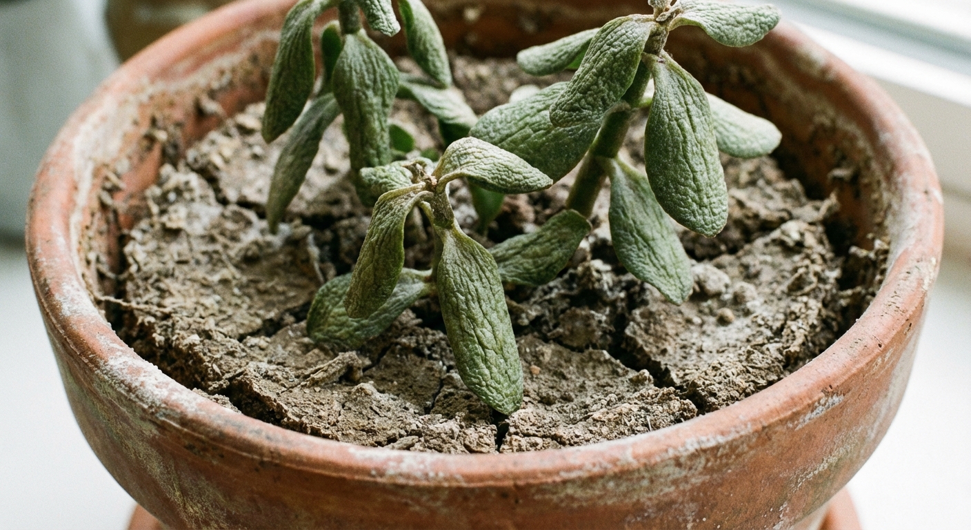 A real photo of a jade plant with slightly wrinkled, thinner leaves and very dry potting soil in a terracotta pot, close-up detail