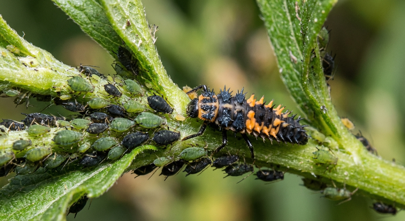 A real photo of a ladybug larva on a plant stem near a cluster of aphids