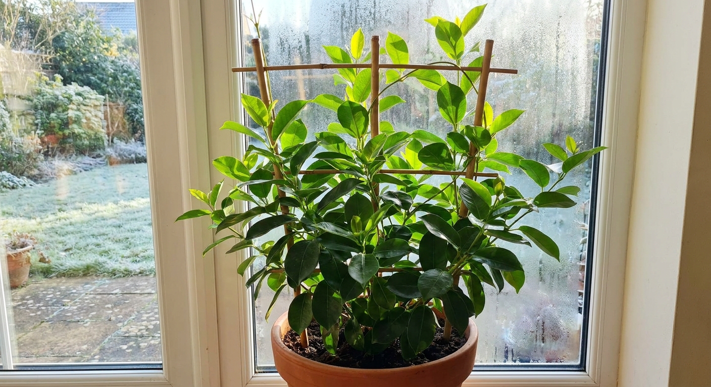 A real photo of a mandevilla in a pot placed near a bright indoor window for overwintering, with a simple trellis and healthy green leaves