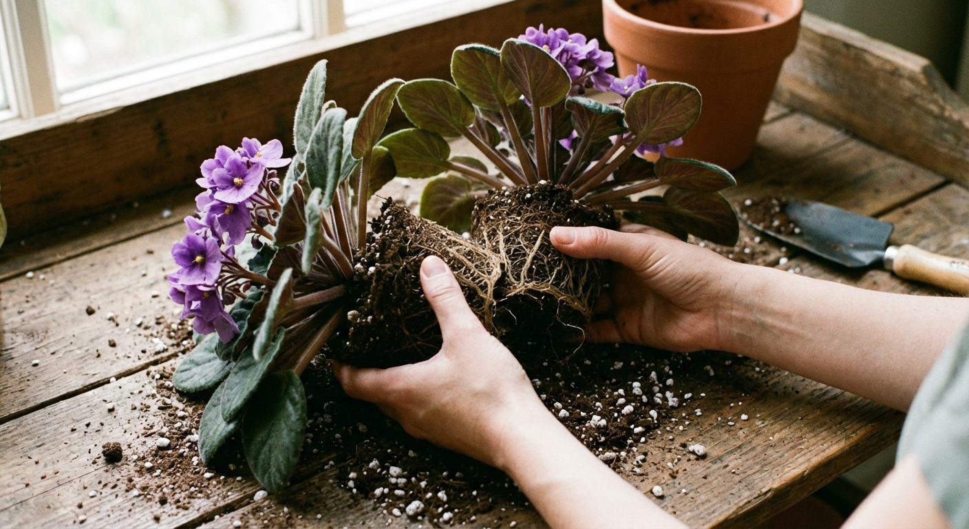 A real photo of a mature African violet removed from its pot with the root ball visible as hands gently separate two crowns for division