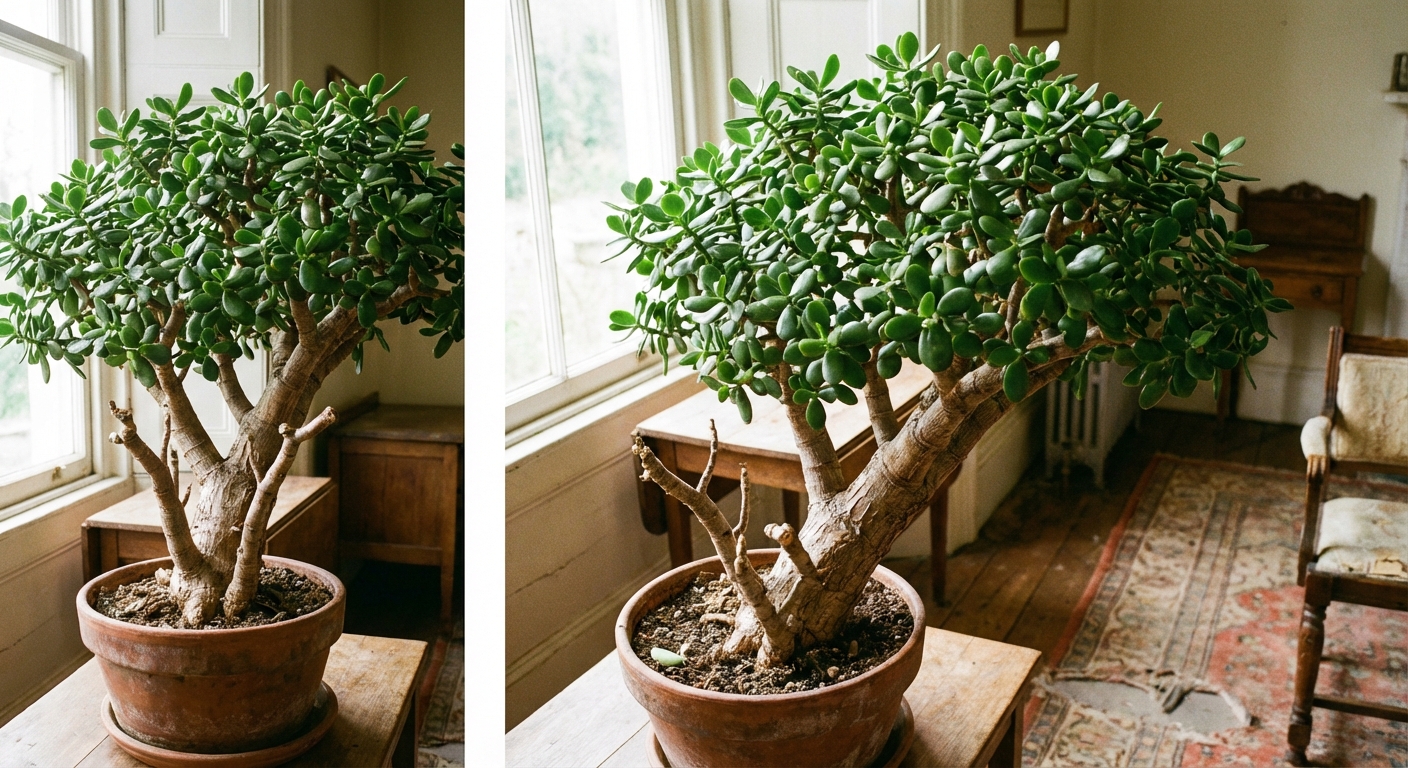 A real photo of a mature jade plant with a thick woody trunk and a few bare lower stem sections, healthy leafy canopy above, indoor natural light