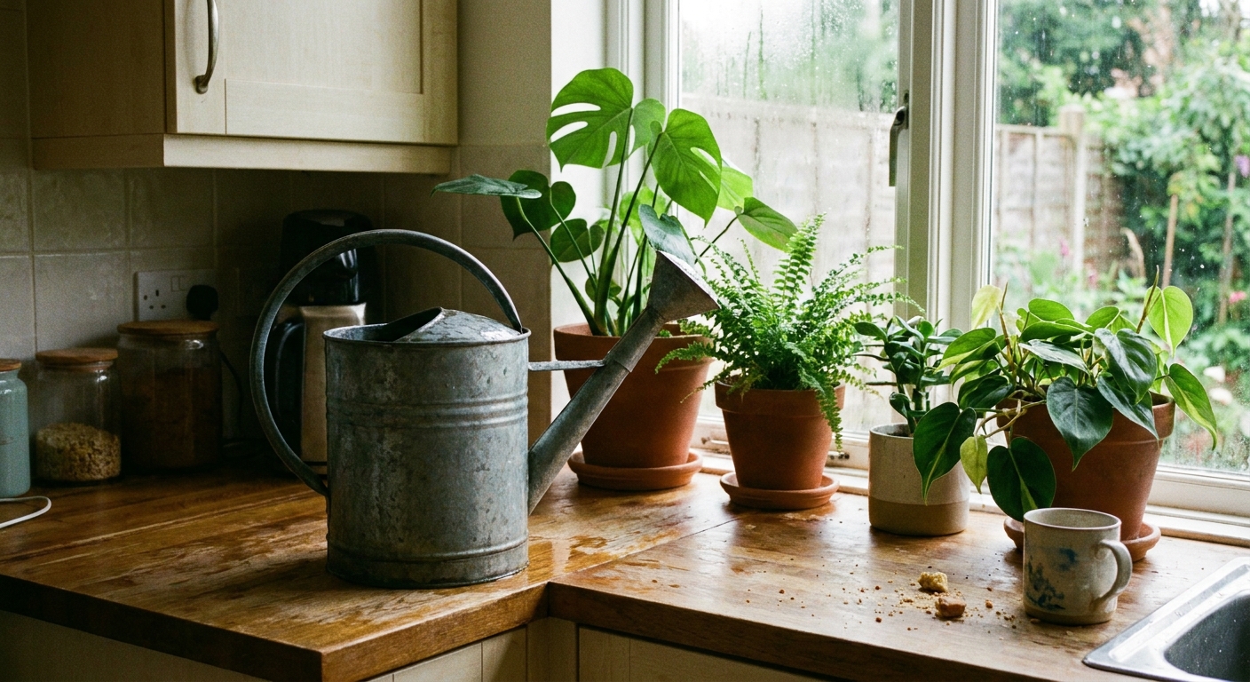 A real photo of a metal watering can filled with rainwater on a kitchen counter beside several leafy houseplants near a bright window