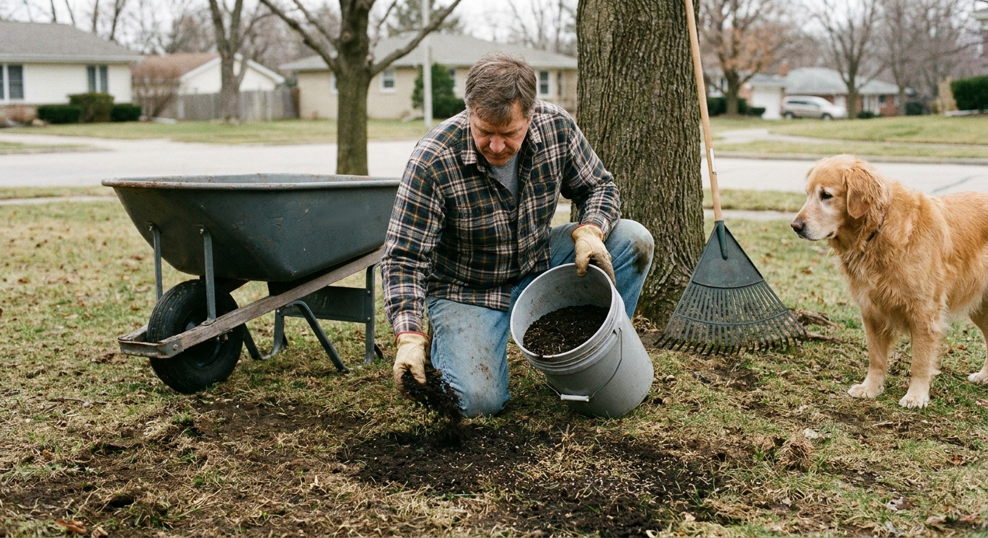 A real photo of a person spreading compost and grass seed over a thin patch of lawn on a calm day