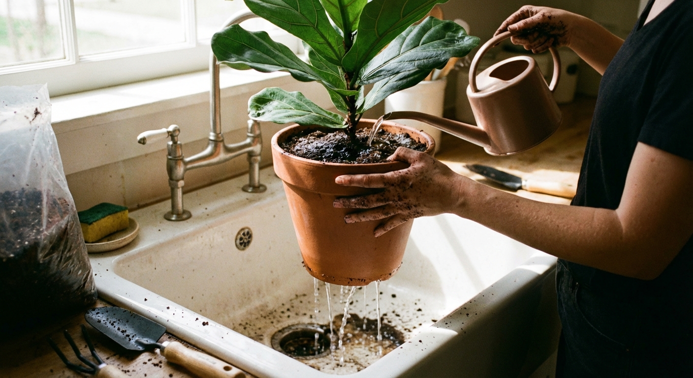 A real photo of a person watering a freshly repotted houseplant in a sink while water drains from the pot