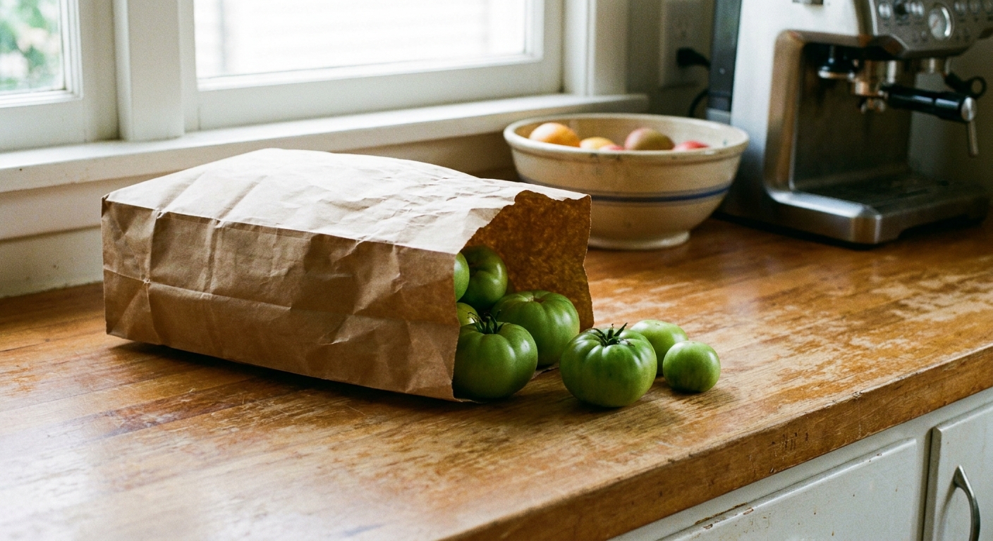 A real photo of a plain brown paper bag on a kitchen counter with a few green tomatoes visible inside the open top
