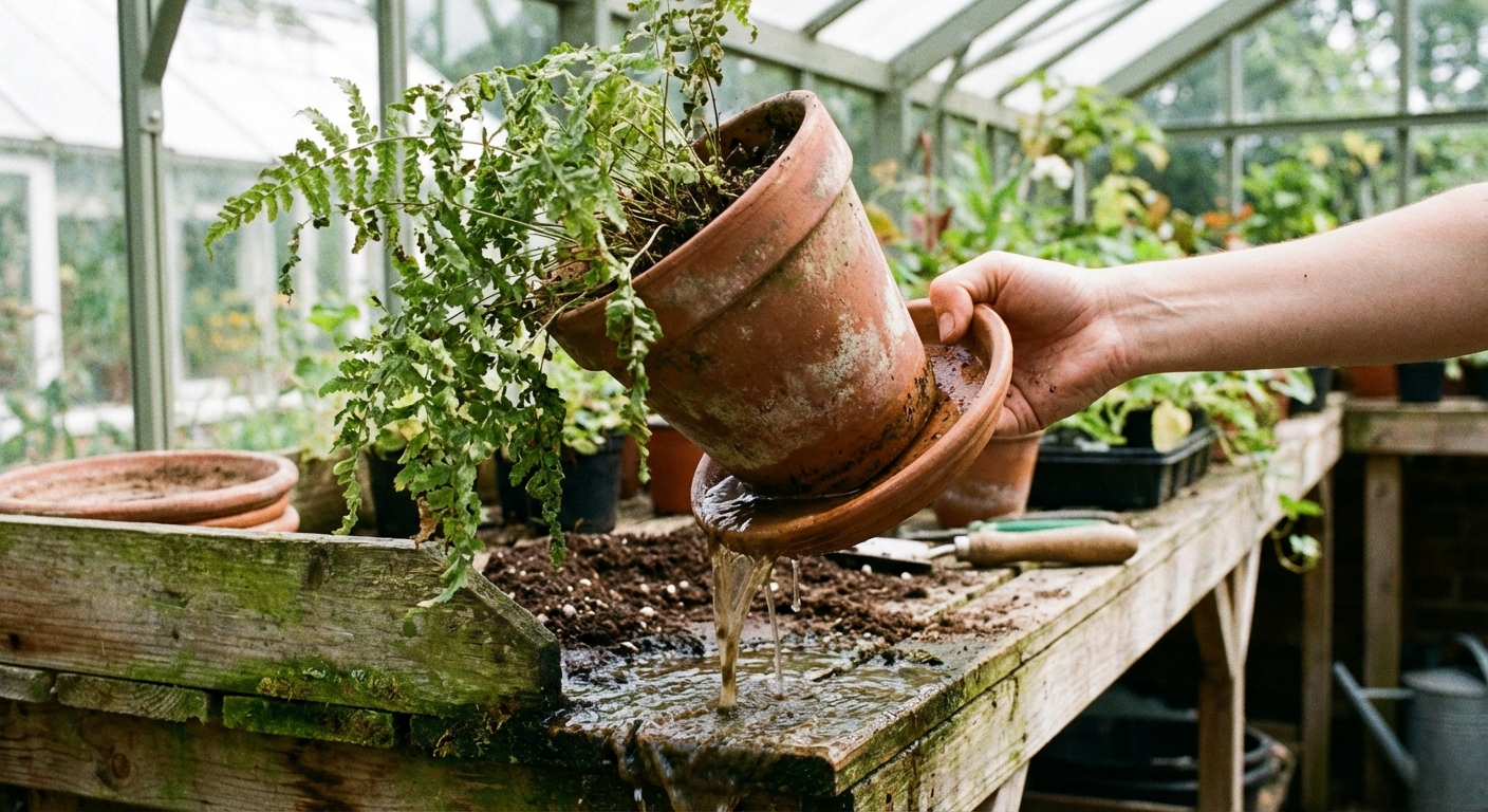 A real photo of a plant pot sitting in a saucer with standing water being poured out