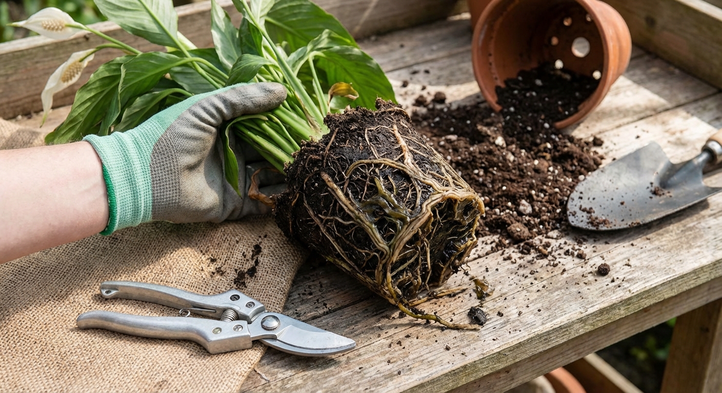 A real photo of a plant removed from its pot showing dark mushy roots next to clean pruning scissors