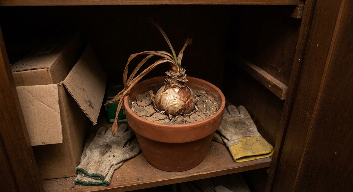 A real photo of a potted amaryllis bulb stored in a dim cool closet for dormancy, with dried soil surface and the bulb visible above the soil
