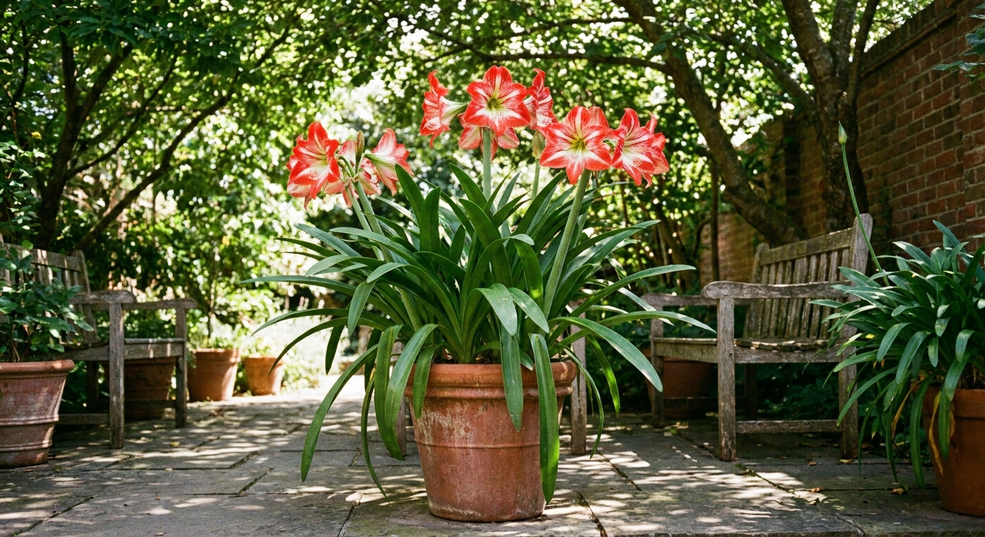 A real photo of a potted amaryllis with lush green leaves sitting on a summer patio in dappled shade