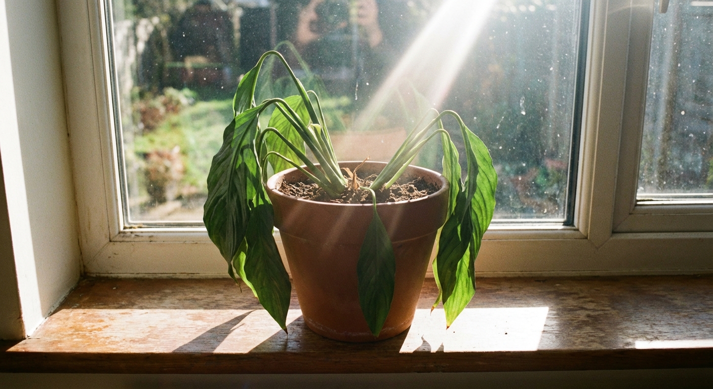 A real photo of a potted plant with drooping leaves sitting near a sunny window with strong light