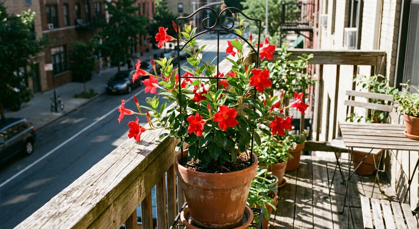 A real photo of a red dipladenia plant in a container on a sunny apartment balcony, with a simple metal trellis and bright flowers