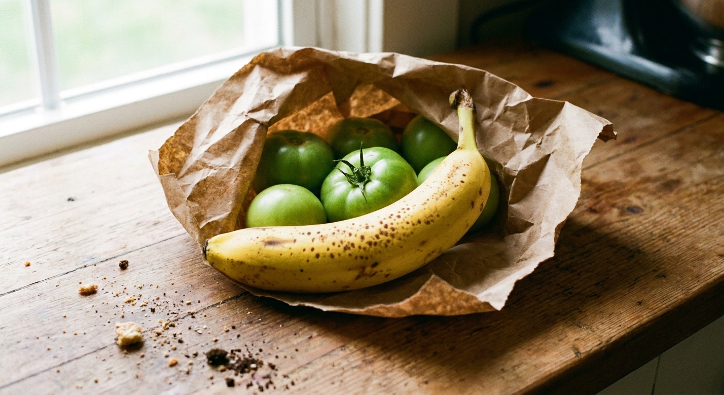 A real photo of a ripe yellow banana and several green tomatoes together inside a brown paper bag on a countertop