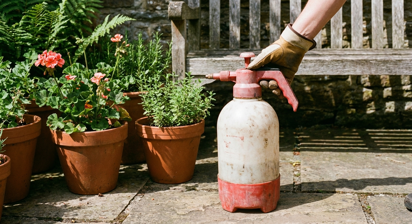 A real photo of a simple pump sprayer sitting on a patio next to potted plants, with a gardener's gloved hand reaching for it