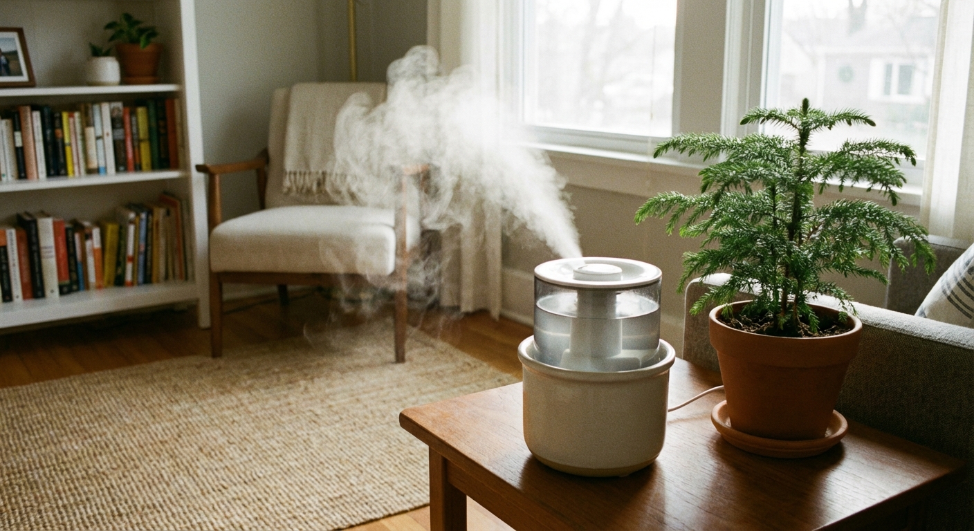 A real photo of a small cool-mist humidifier on a table beside an indoor Norfolk Island pine, with soft morning light and a tidy home corner
