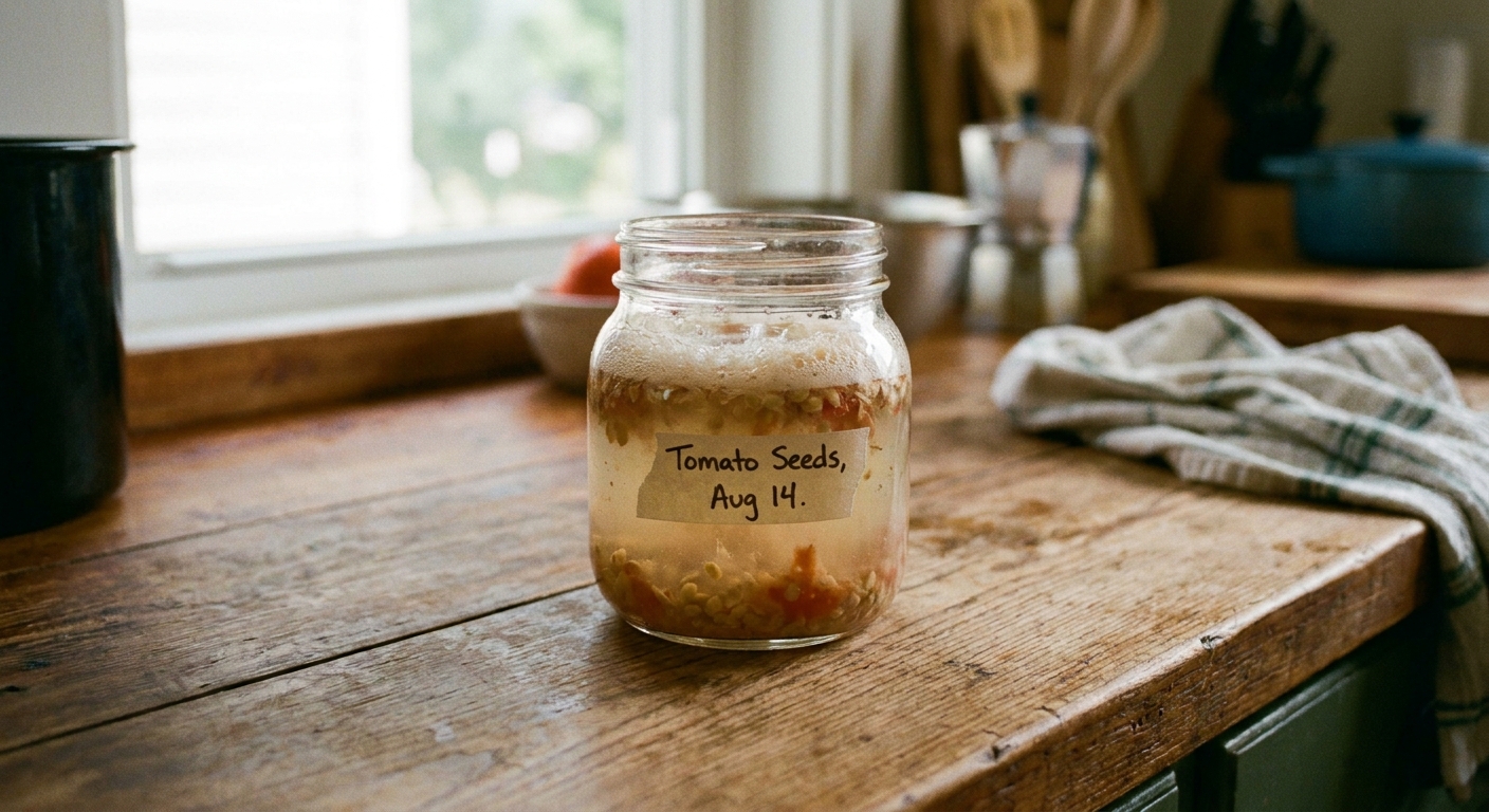A real photo of a small glass jar on a kitchen countertop containing tomato seeds fermenting in cloudy liquid with bubbles on the surface