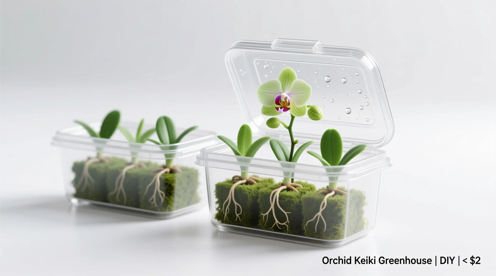 A real photo of a small potted orchid keiki inside a clear plastic container used as a humidity chamber, with condensation on the sides and indirect window light