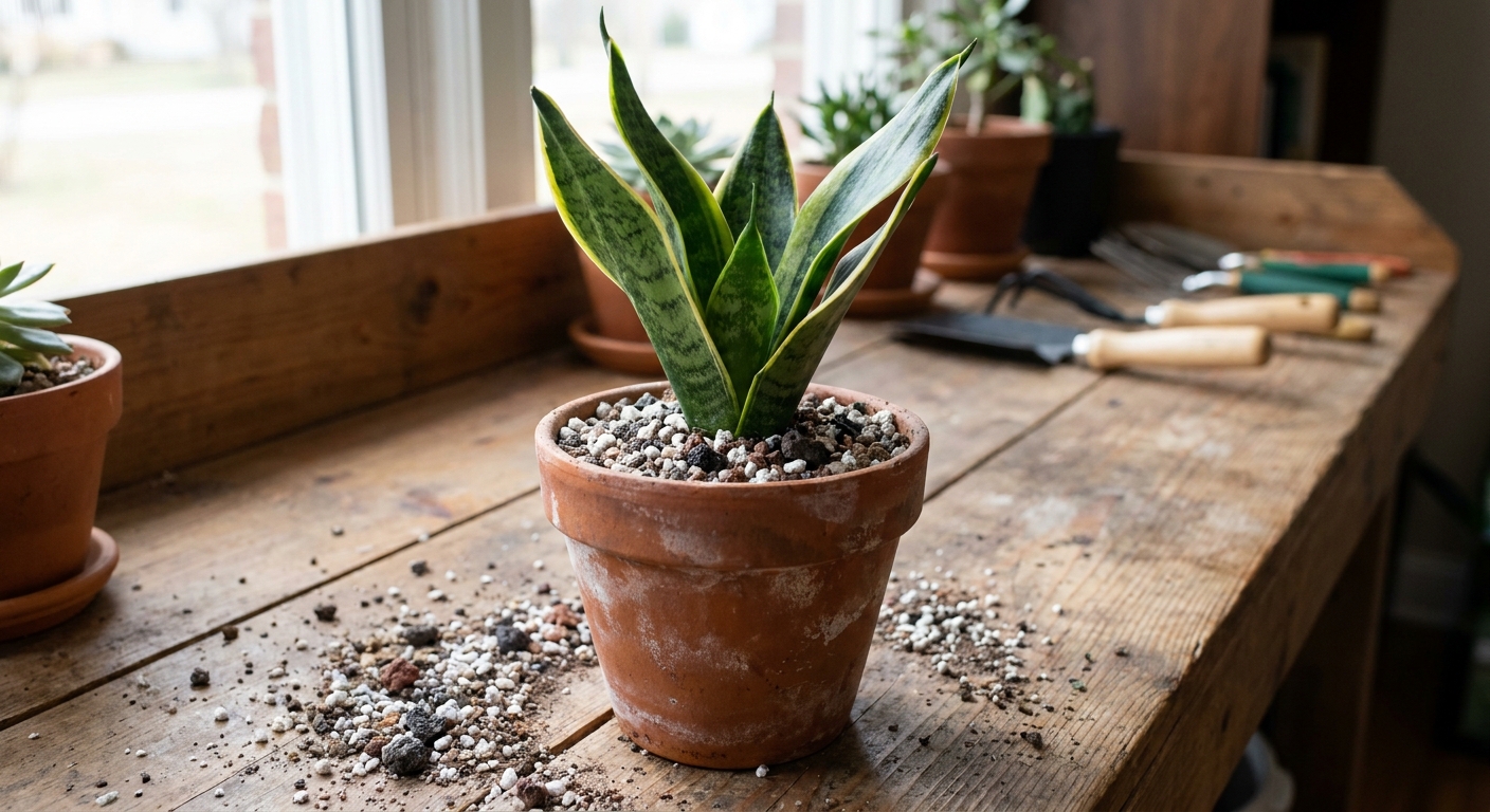 A real photo of a snake plant freshly repotted in a small terracotta pot with a gritty succulent mix visible at the surface