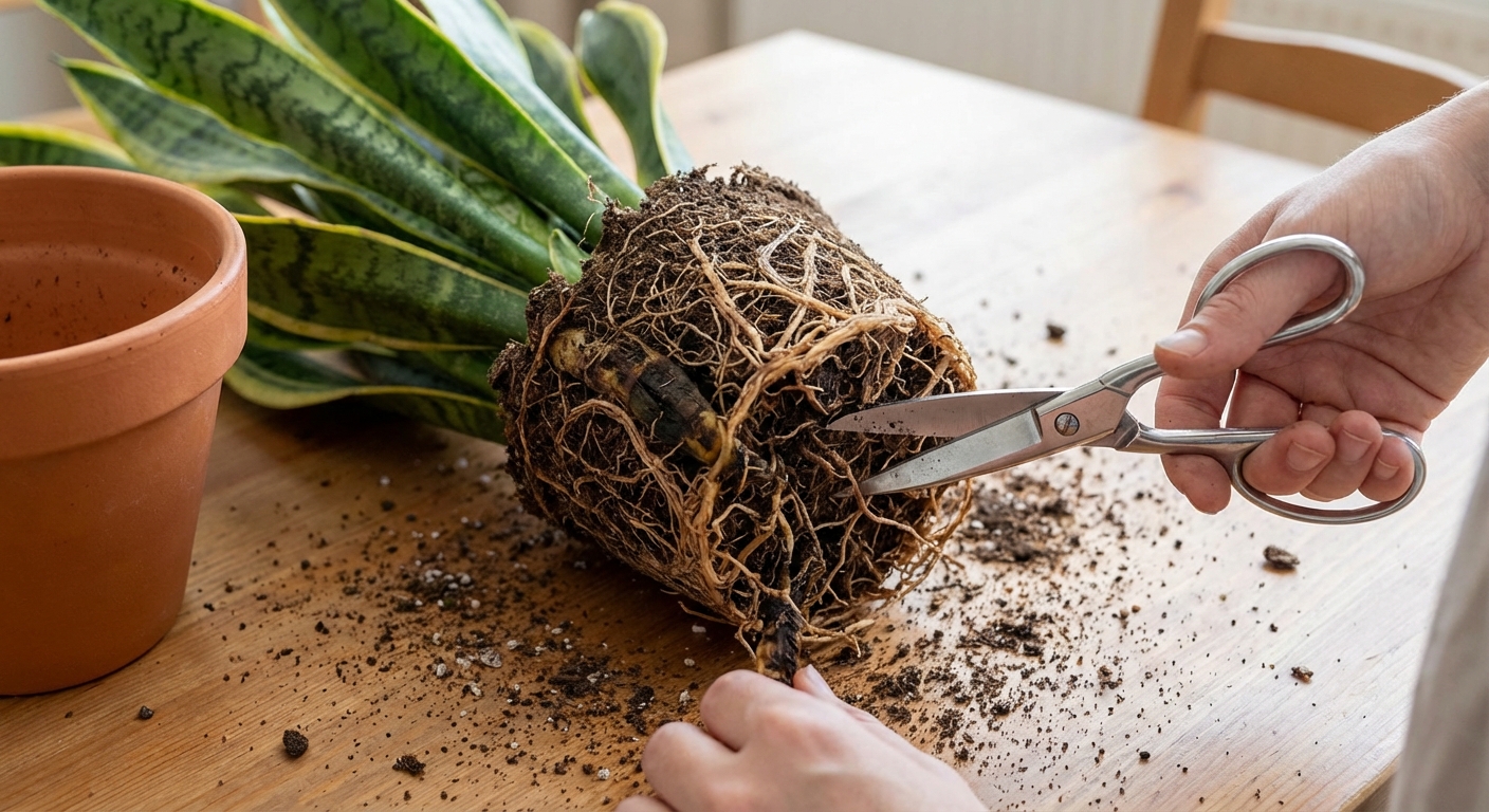A real photo of a snake plant removed from its pot with exposed roots on a tabletop, showing some dark mushy roots being trimmed with clean pruning scissors, indoor natural light, photorealistic