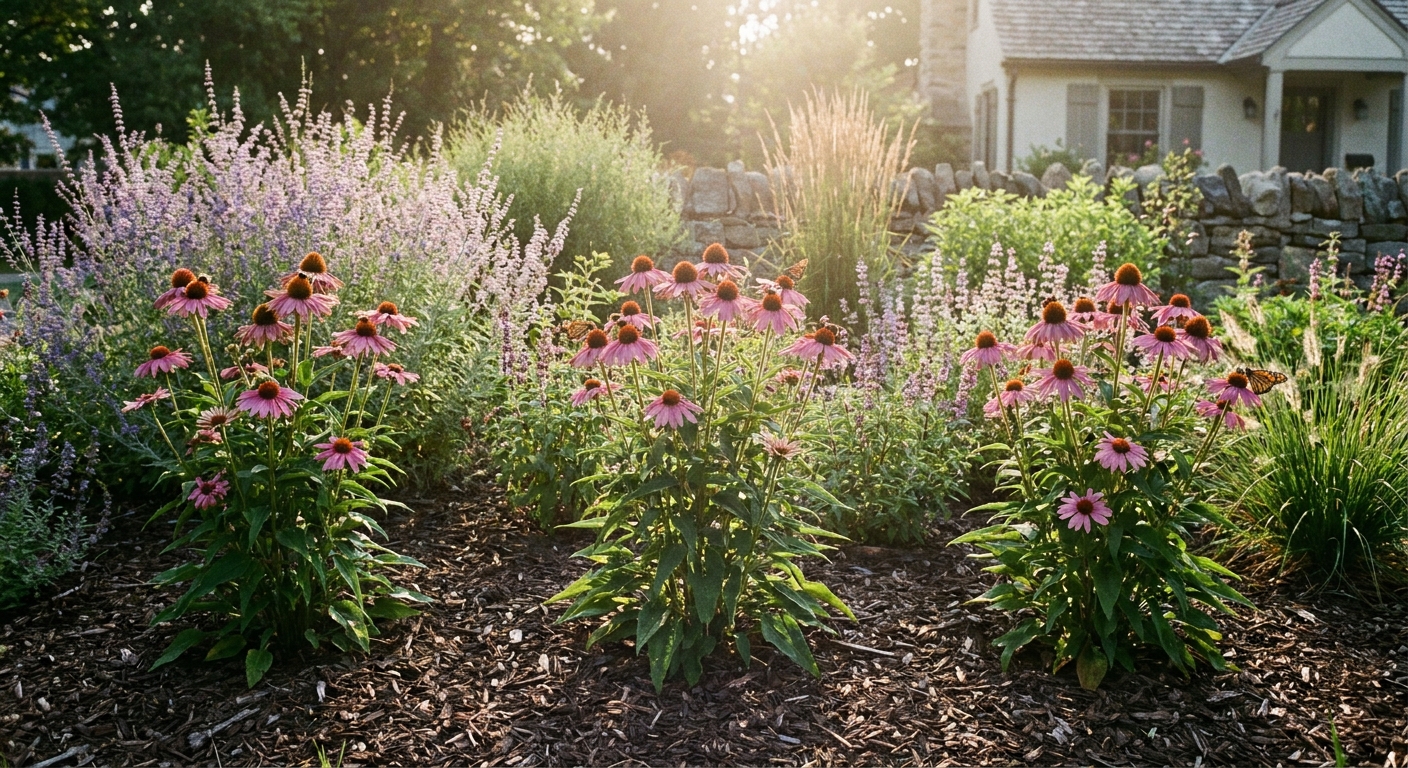 A real photo of a sunny perennial border with several coneflower plants spaced evenly apart in mulched soil, with purple blooms and pollinators visible