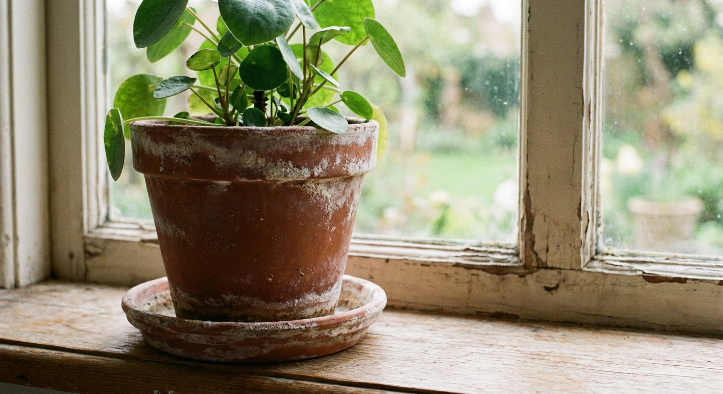 A real photo of a terracotta houseplant pot on a windowsill with visible white mineral deposits along the rim and saucer, soft daylight