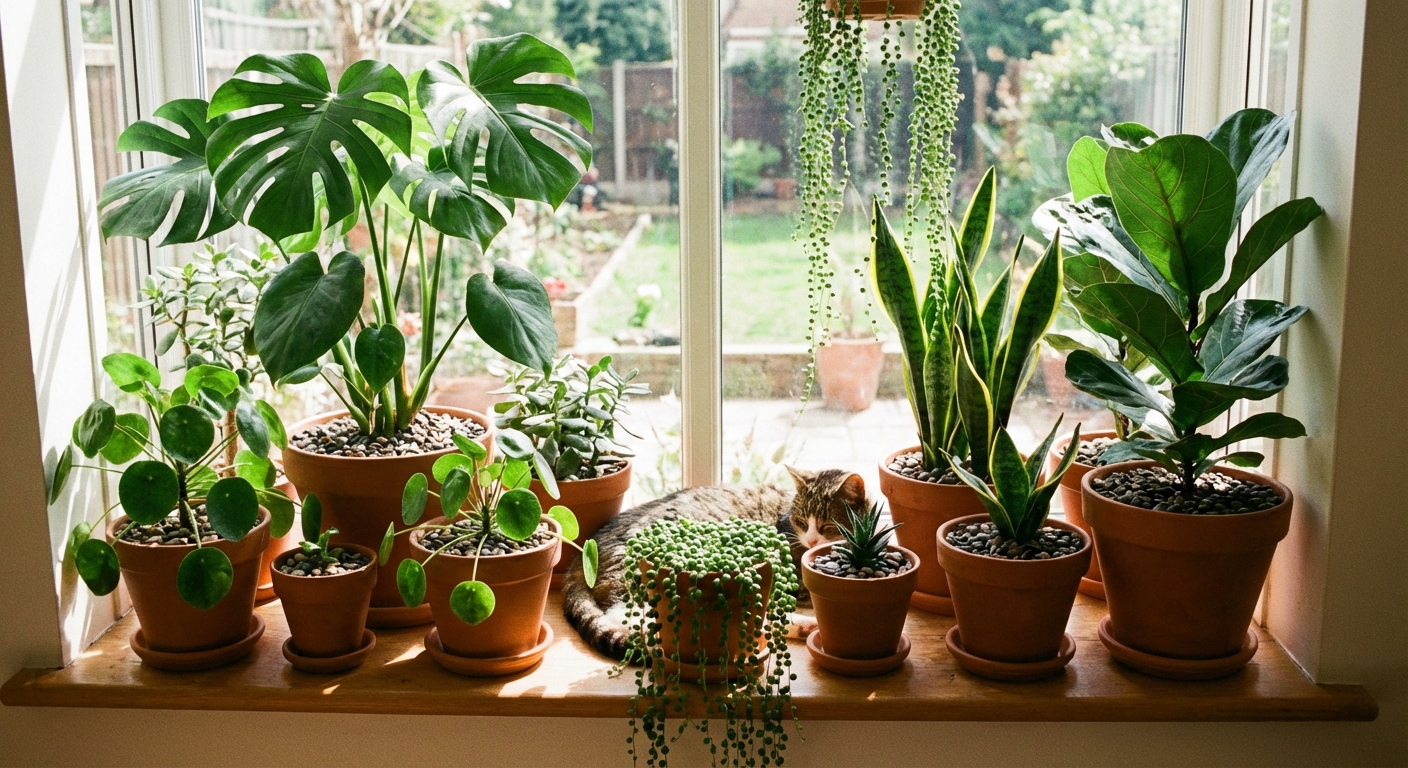 A real photo of a thriving group of indoor plants on a bright windowsill with clean soil surfaces and no visible standing water