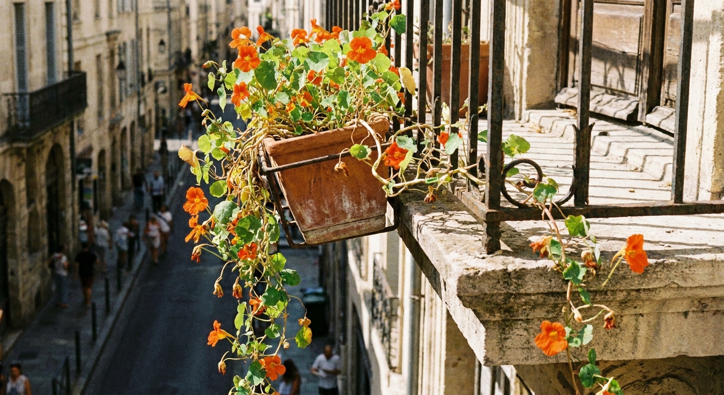 A real photo of a trailing nasturtium with orange blooms cascading from a balcony planter and winding along a metal railing