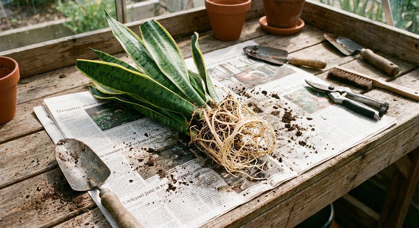 A real photo of a trimmed snake plant resting on newspaper with cleaned roots exposed and drying, gardening tools nearby