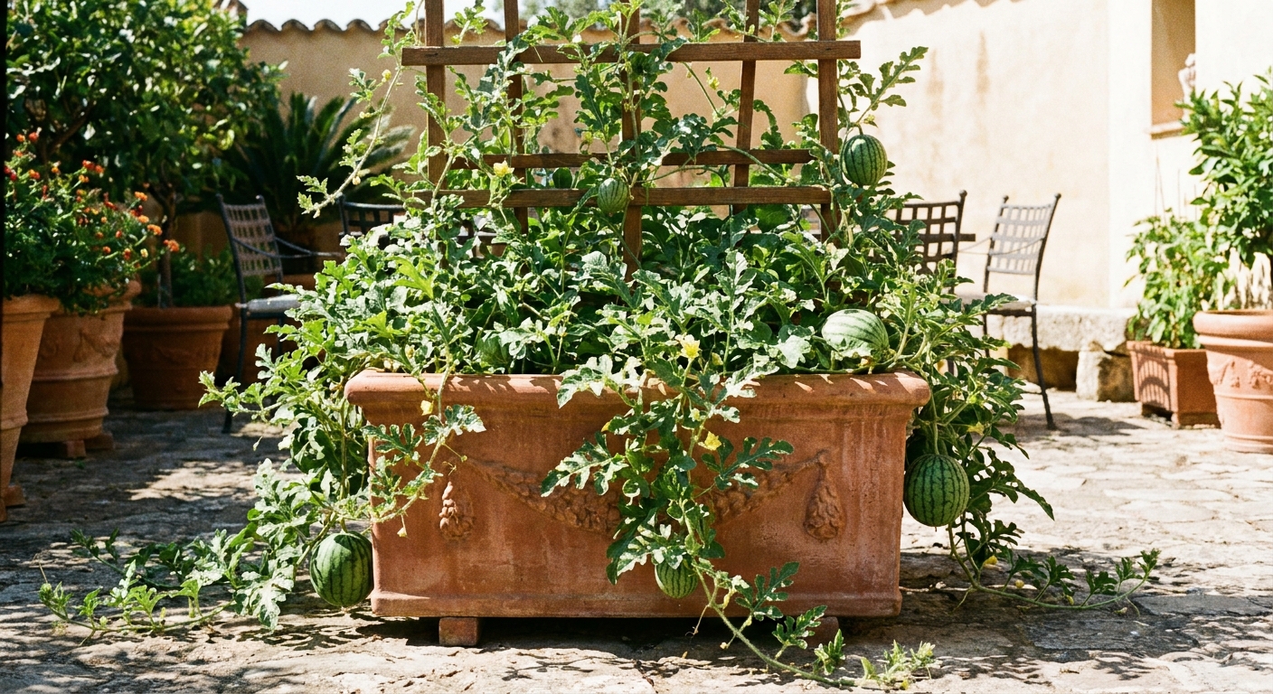 A real photo of a watermelon vine growing in a large patio container with a trellis in bright summer sunlight