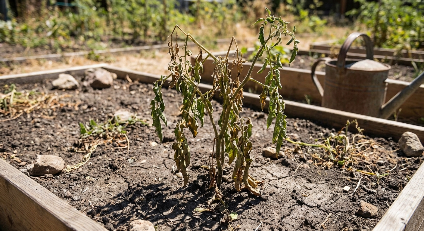A real photo of a wilted tomato plant in a garden bed during midday heat, leaves drooping downward while nearby soil surface appears dry
