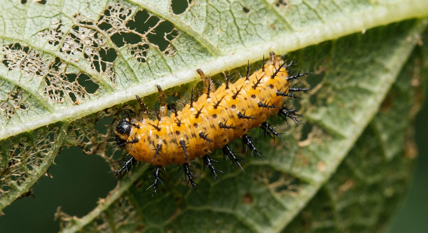 A real photo of a yellow-orange Mexican bean beetle larva covered in spines feeding on the underside of a bean leaf