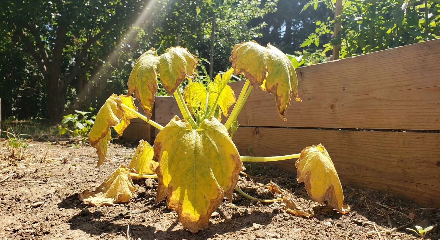 A real photo of a zucchini plant with yellow leaves and brown scorched edges during a hot sunny afternoon in a home garden