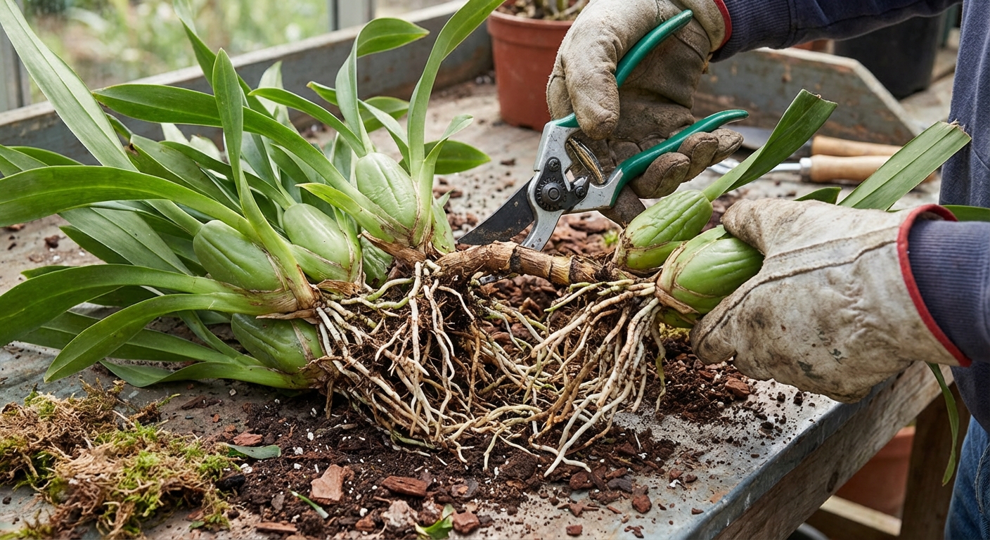 A real photo of an Oncidium orchid clump being divided at the rhizome with clean pruning shears, showing several pseudobulbs and roots