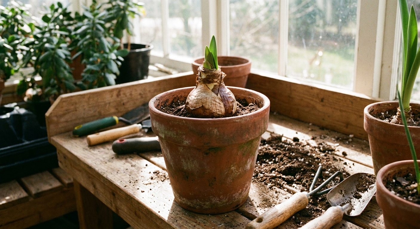 A real photo of an amaryllis bulb planted in a pot with the top third of the bulb visible above the soil surface, indoors on a potting table