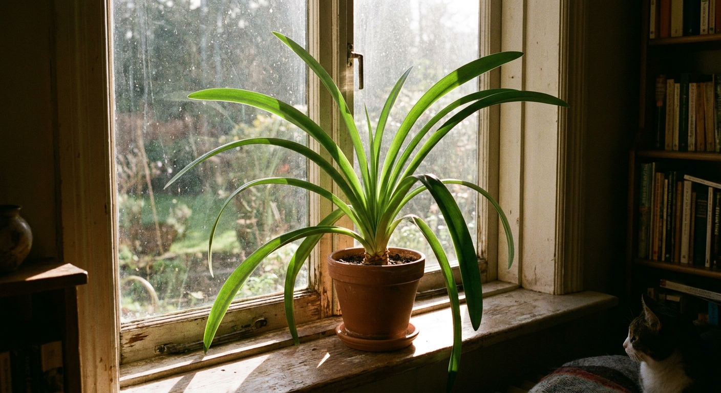 A real photo of an amaryllis pot with long arching green leaves reaching toward strong sunlight coming through a home window
