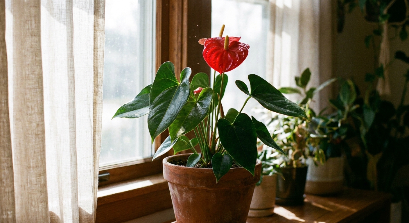 A real photo of an anthurium in a pot placed near a bright window with filtered light, showing healthy green leaves and a bloom