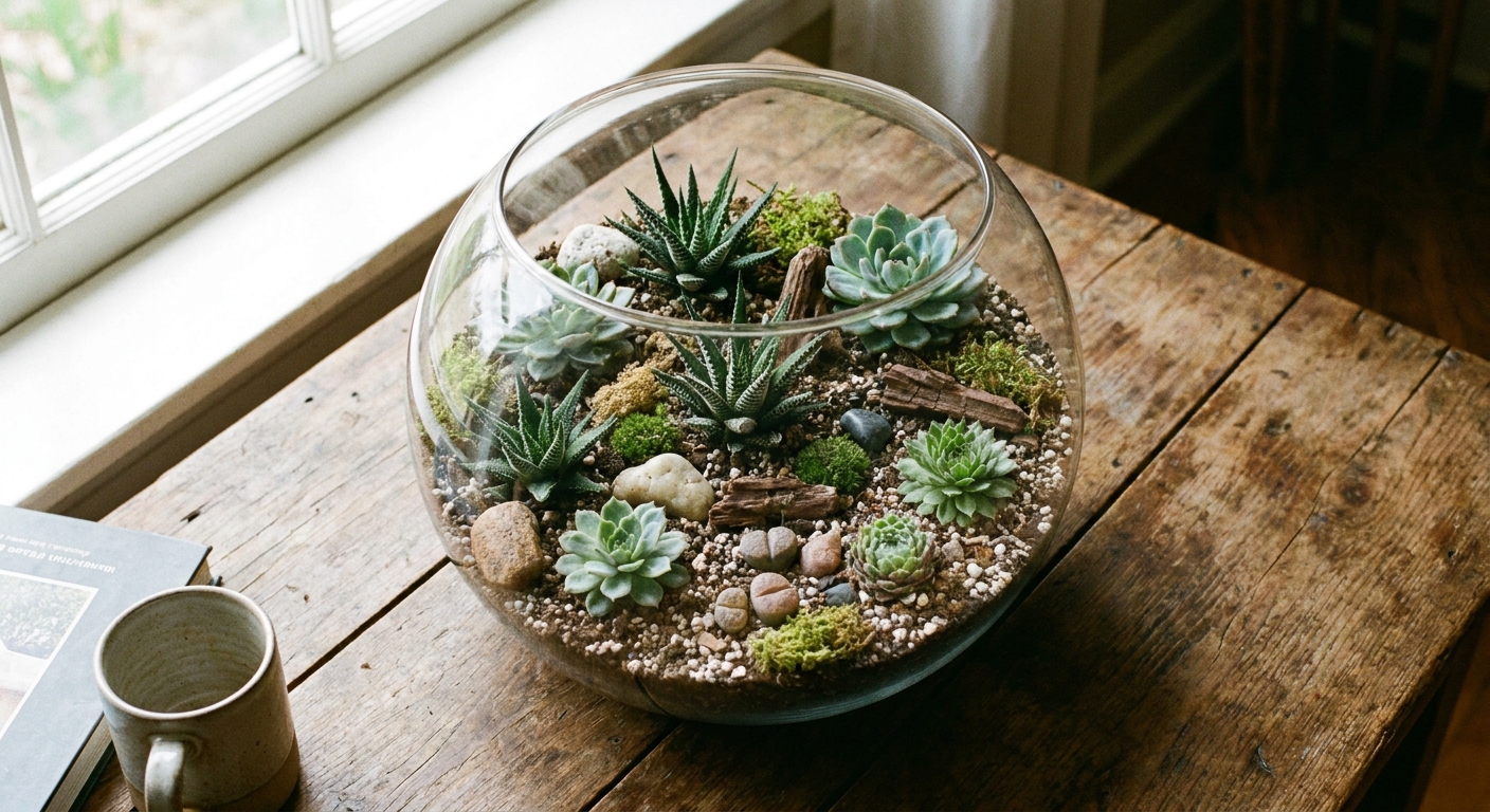 A real photo of an open glass bowl terrarium planted with small haworthia and other compact succulents on a wooden table in natural light