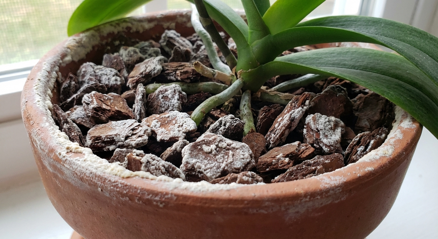 A real photo of an orchid pot filled with bark mix showing a white mineral crust on the bark surface near the rim