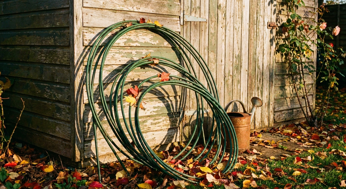 A real photo of cleaned green metal peony hoop supports leaning neatly against a garden shed wall in autumn light