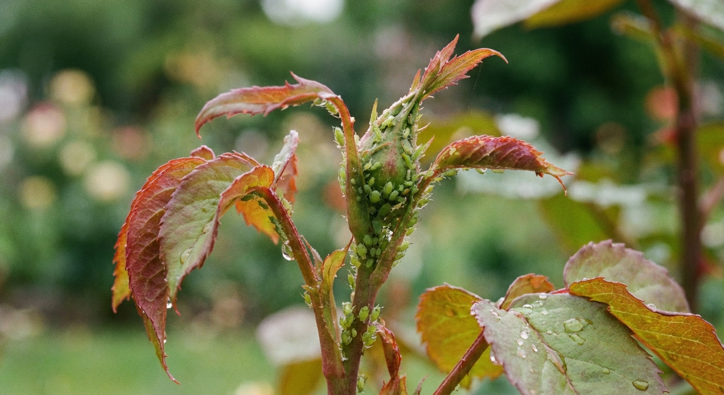 A real photo of curled new growth on a rose stem with small green aphids visible near the bud