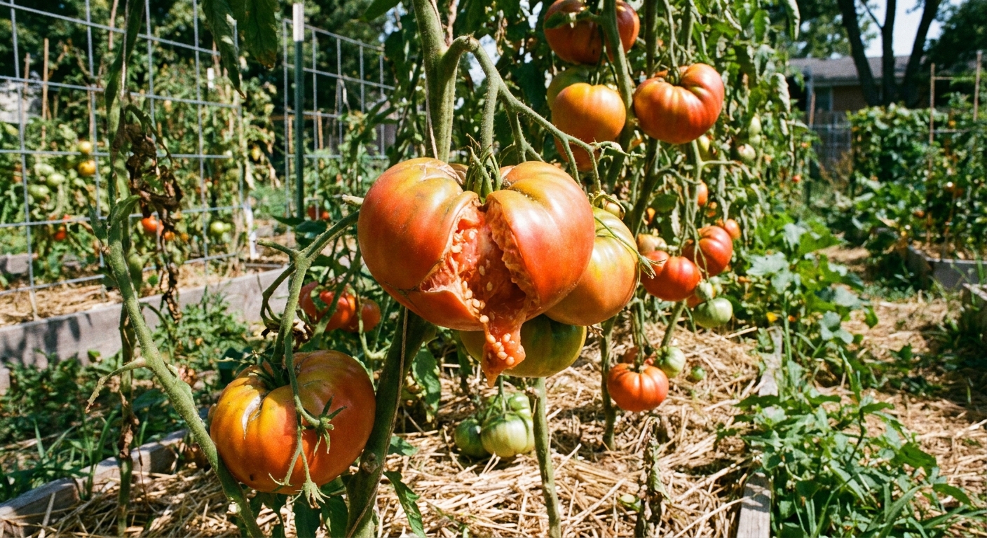 A real photo of deeply ripe heirloom tomatoes still on the vine in a backyard garden, with one fruit slightly overripe and split, ready for seed saving