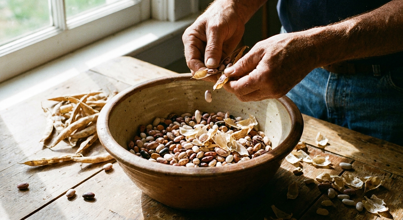 A real photo of dried bean pods being opened by hand over a large ceramic bowl, with loose beans and papery pod fragments visible