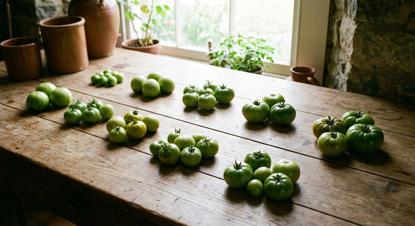 A real photo of green tomatoes sorted into small groups on a wooden table indoors, each group spaced apart in natural light