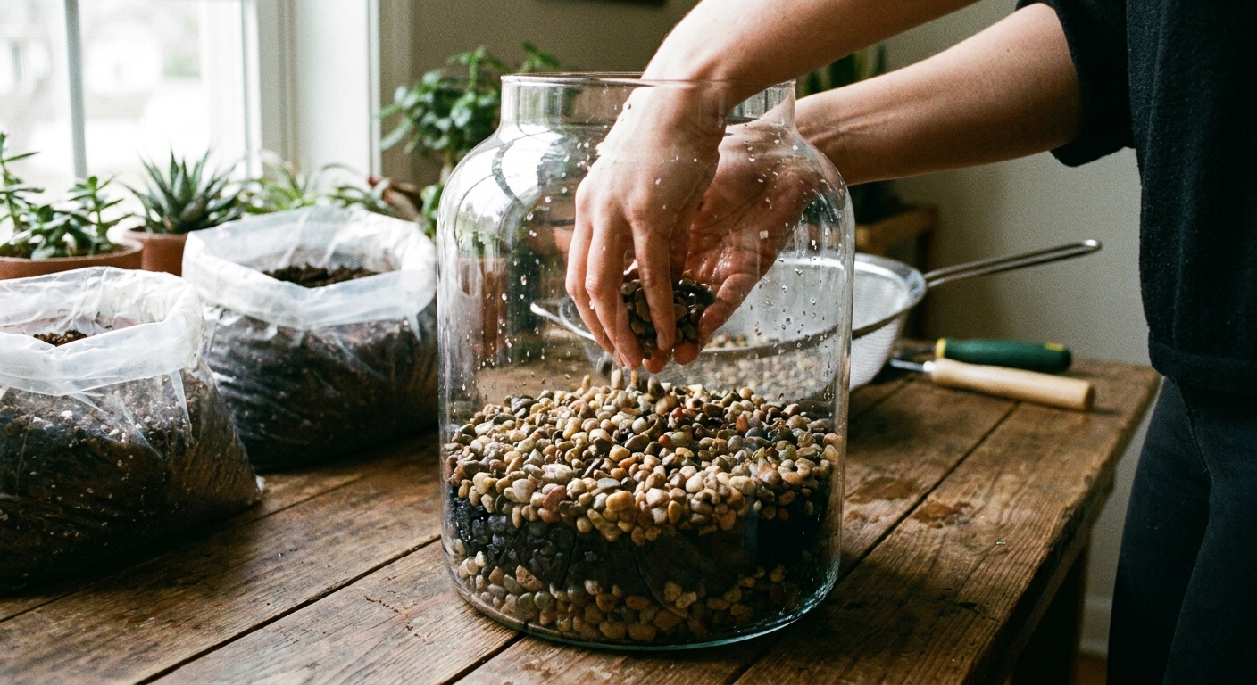 A real photo of hands adding rinsed gravel to the bottom of a clear glass terrarium container, showing a distinct drainage layer