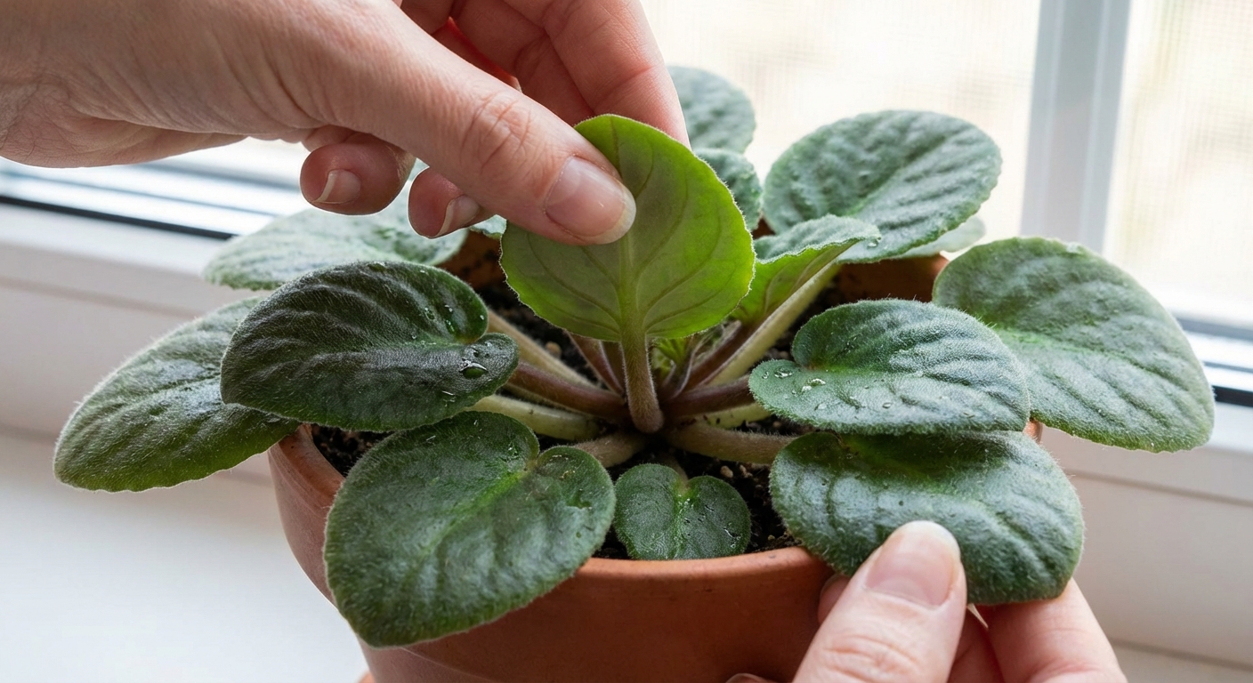 A real photo of hands gently lifting leaves on a healthy African violet to show the middle ring where a firm, medium-aged leaf is being selected