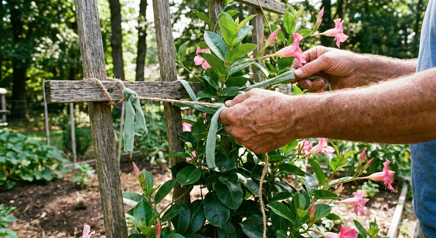 A real photo of hands gently tying a mandevilla vine to a wooden trellis using soft plant ties, outdoors in daylight
