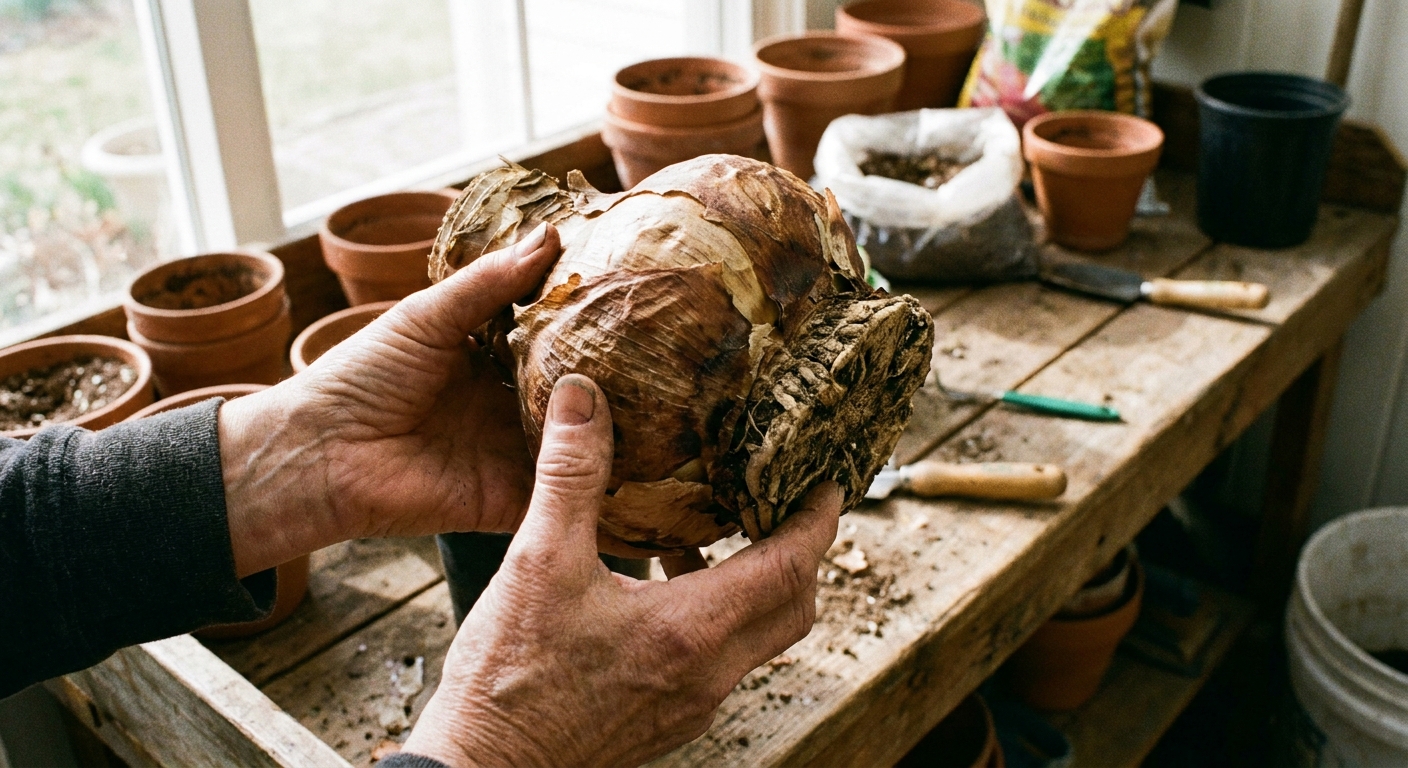 A real photo of hands holding a large amaryllis bulb above a potting bench, showing its papery skin and root plate in natural light